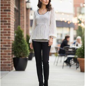 A.N.A. (XL) Soft White Knit Sweater w Silver Metallic Accent and Velvet Belt